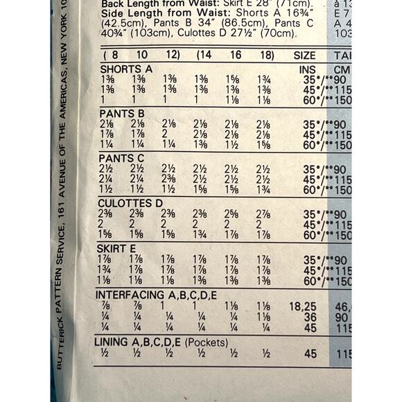Butterick 3640 pattern skirt pants shorts culottes size 14 16 18 - Picture 6 of 9